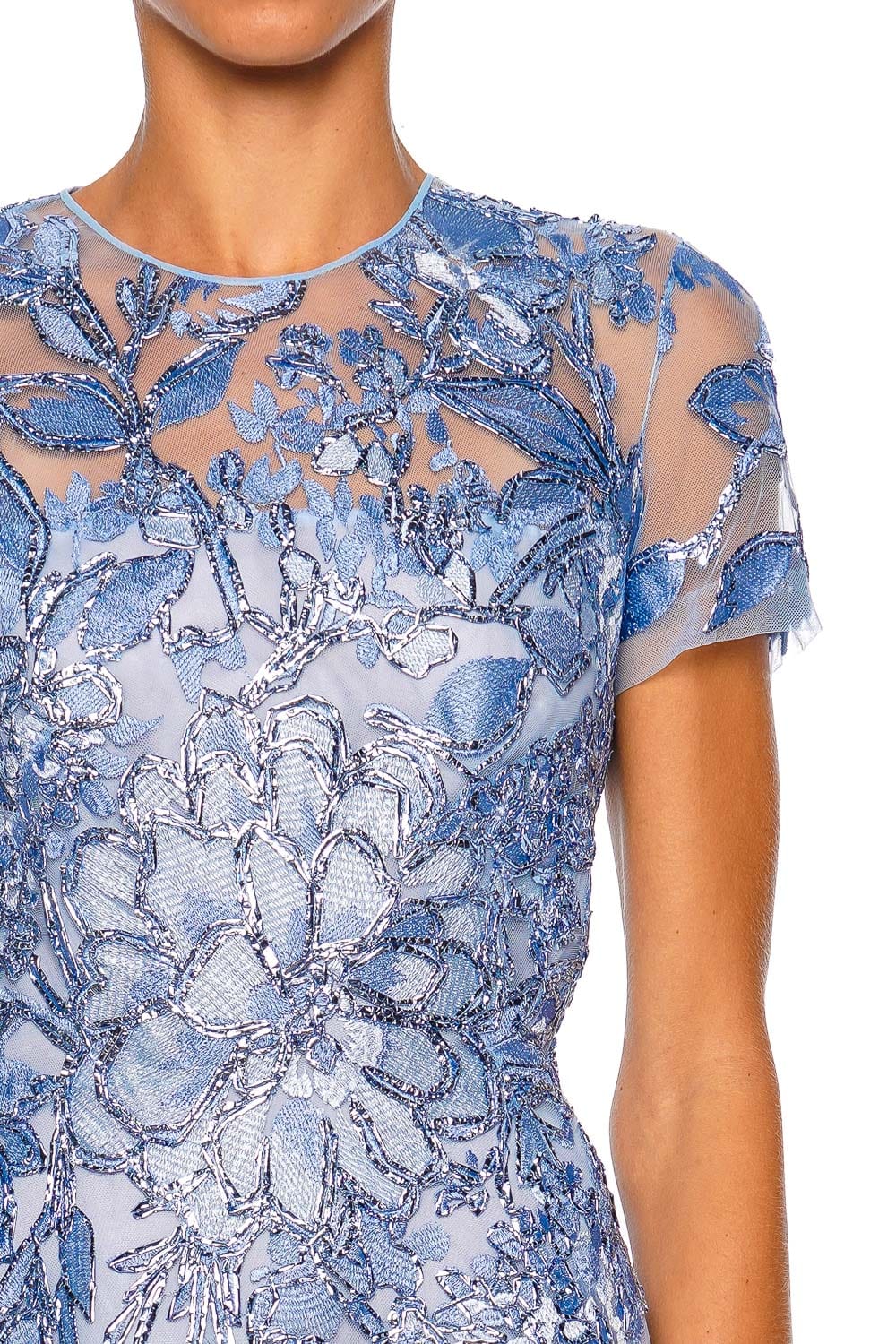 Blue Floral Metallic Raffia Cap Sleeve Gown Blue Floral Metallic Raffia Cap Sleeve Gown