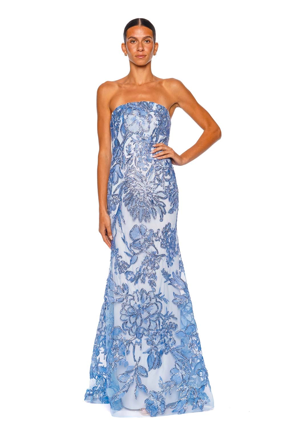 Naeem Khan Strapless Floral Raffia Pale Blue Silver Fit and Flare Gown