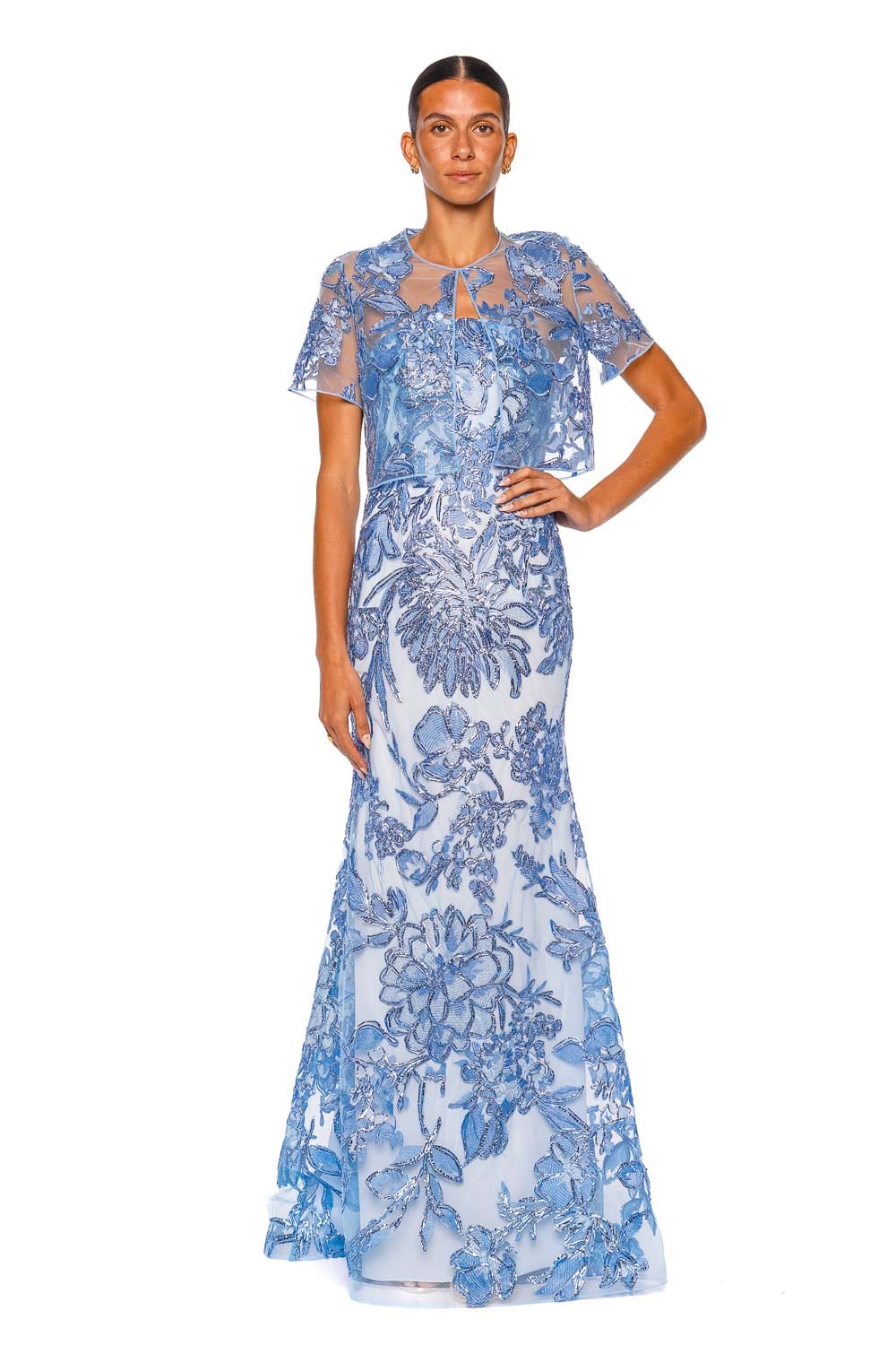 Naeem Khan Pale Blue Silver Short Sleeve Floral Raffia Bolero