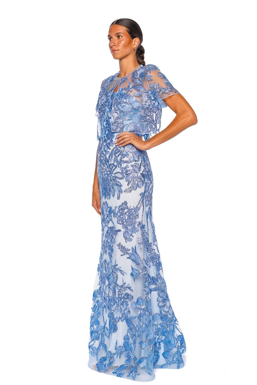 Naeem Khan Pale Blue Silver Short Sleeve Floral Raffia Bolero