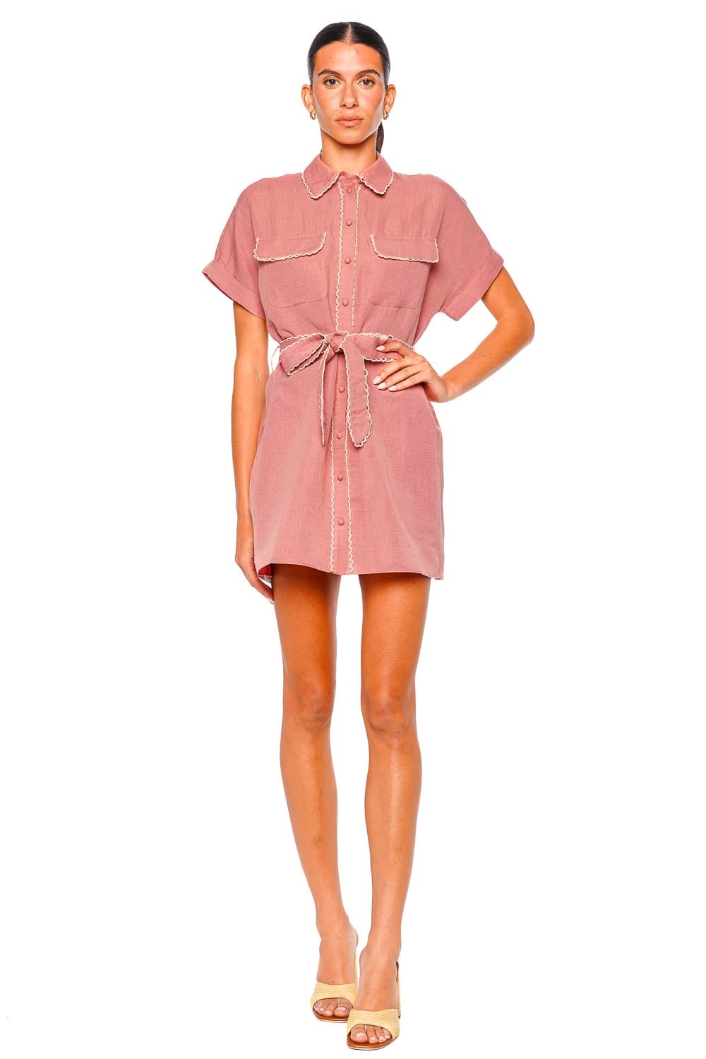Hemant and Nandita Dusty Pink Drop Shoulder Mini Dress with Tie-Up Belt