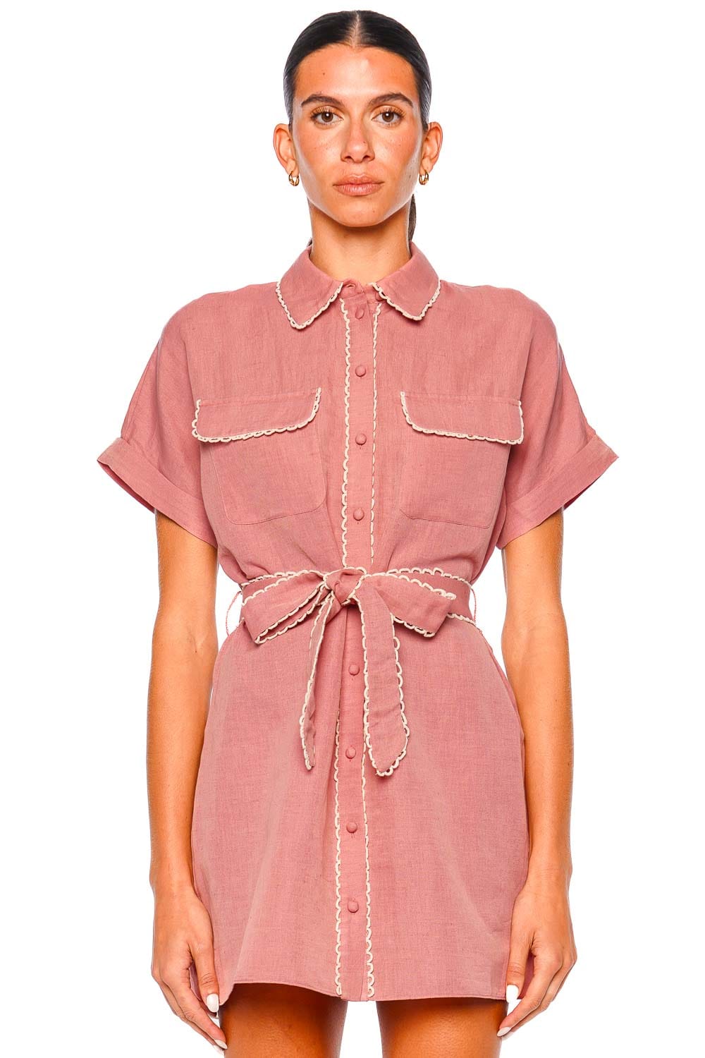 Hemant and Nandita Dusty Pink Drop Shoulder Mini Dress with Tie-Up Belt