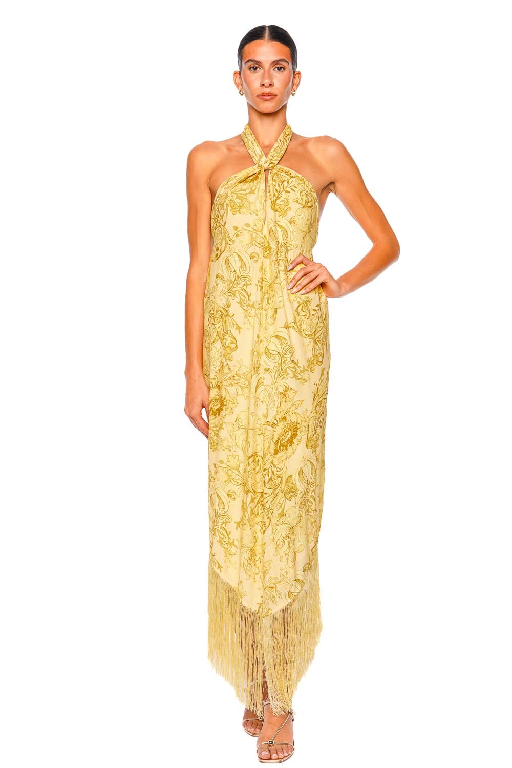 Hemant and Nandita Zar Yellow Asymmetrical Fringed Halter Maxi Dress