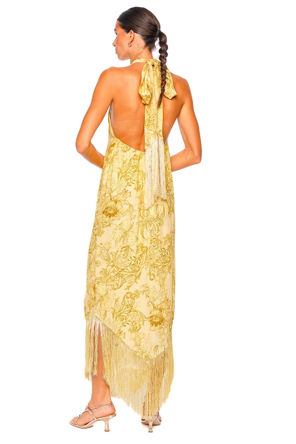 Hemant and Nandita Zar Yellow Asymmetrical Fringed Halter Maxi Dress