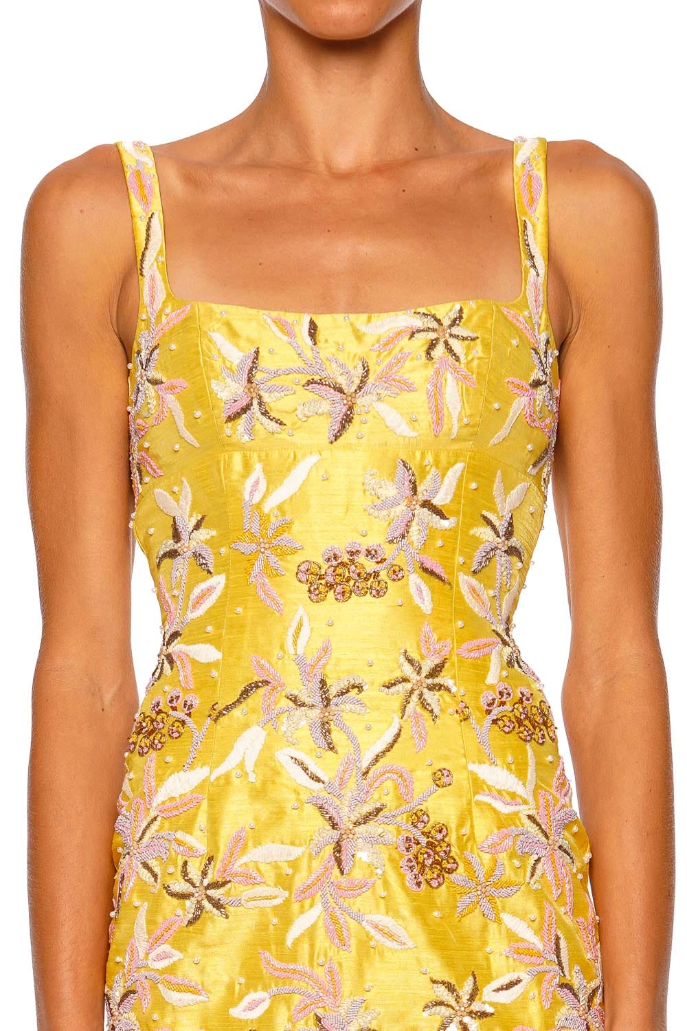 LA FUORI Golden Hour Lily Yellow Embroidered Mini Dress with Straps