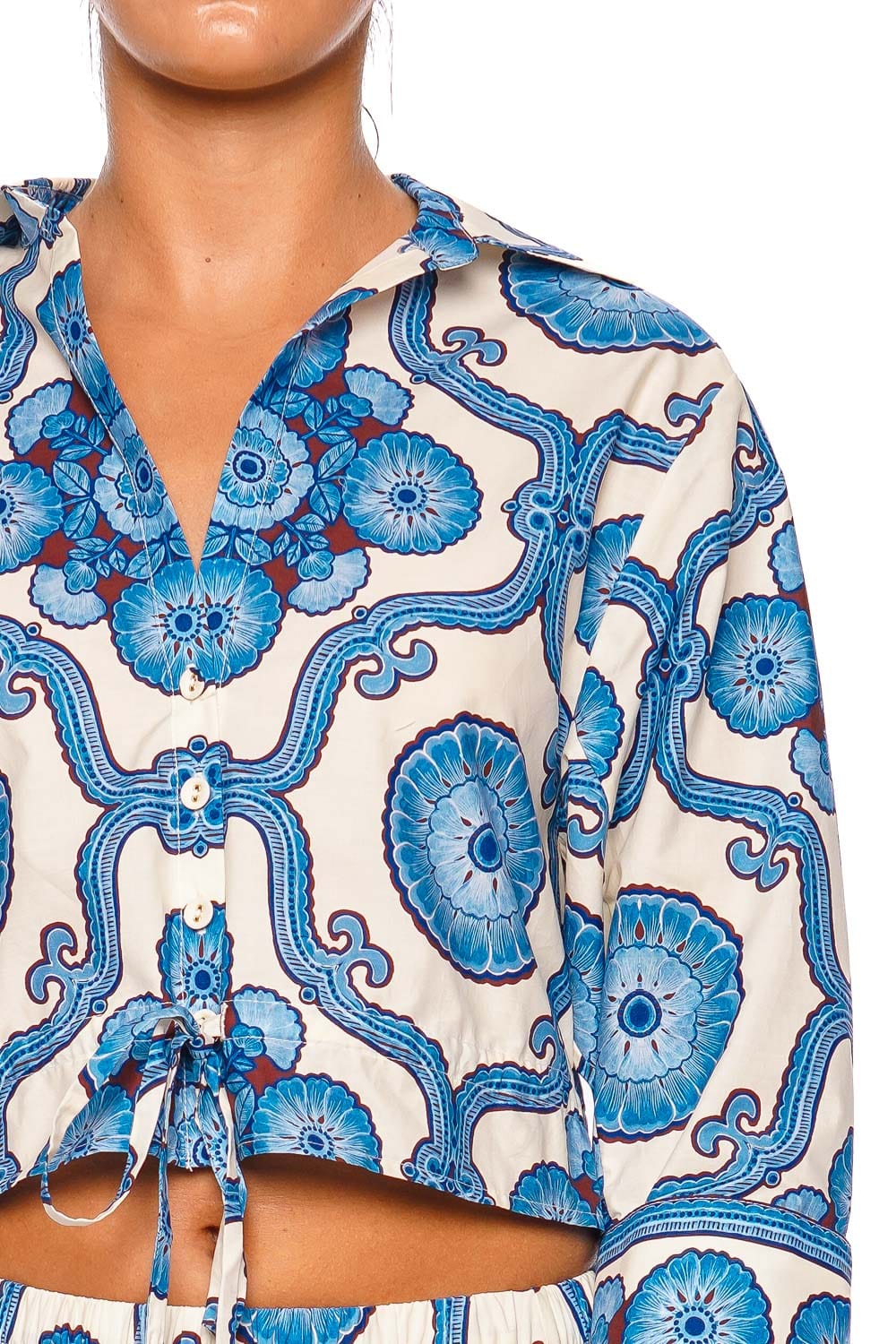Cara Cara Oscar Top Blue Floral Three Quarter Sleeve Cropped Top