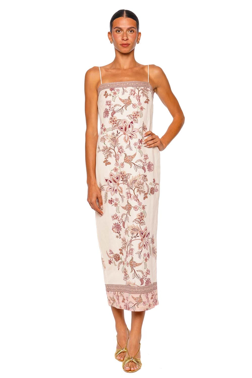 Hemant and Nandita Dani Strappy Floral Embroidered Midi Dress Ivory Multi