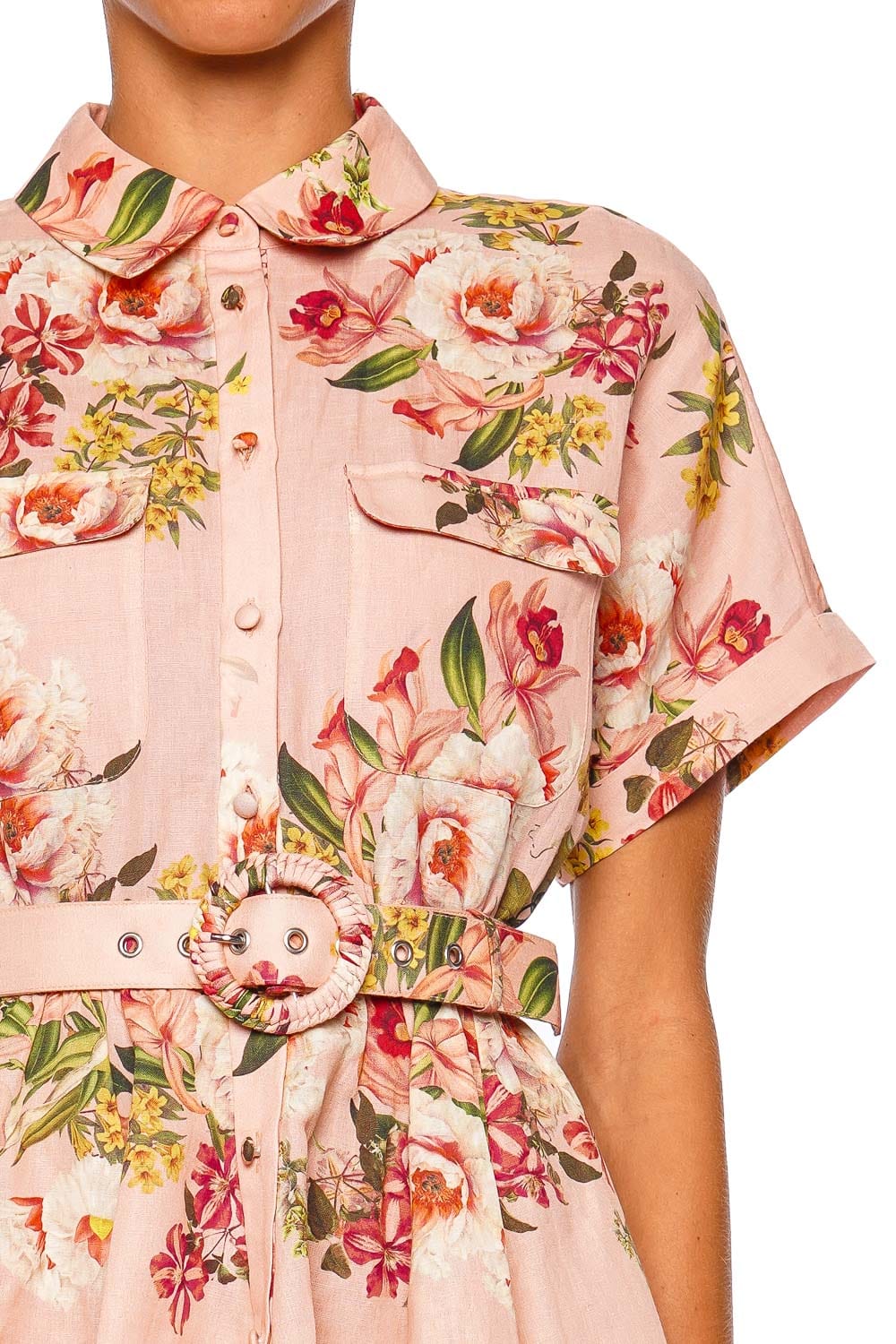 Hemant and Nandita Ayla Peach Floral Short Dress with Short Sleeves