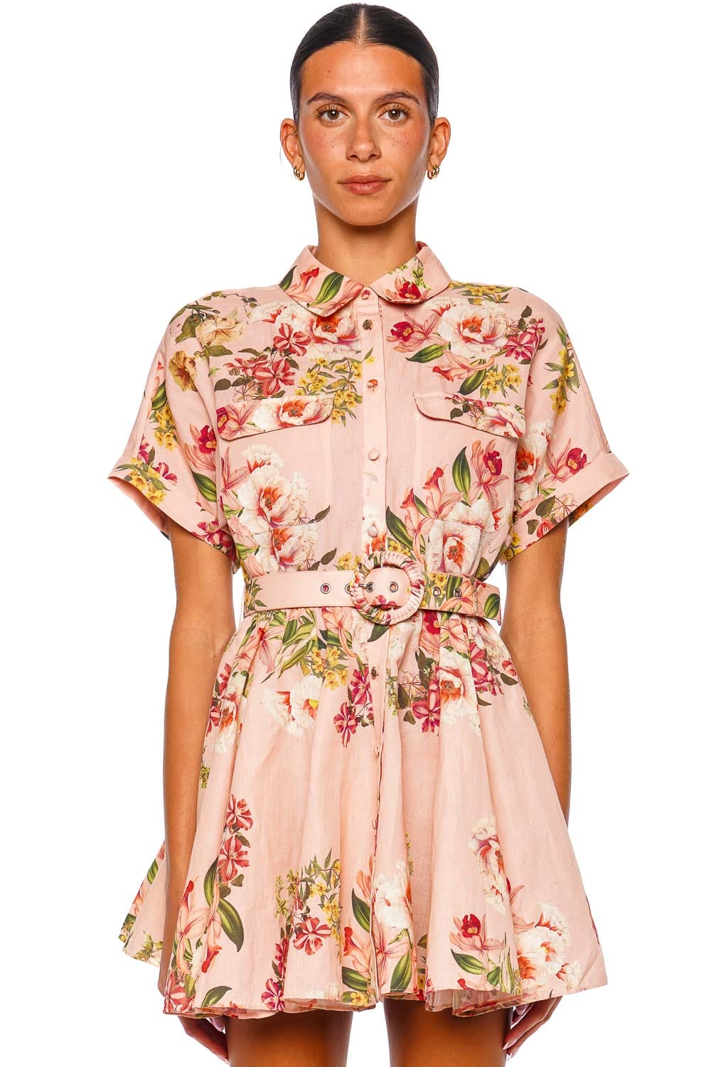 Ayla Peach Floral Belted Mini Shirt Dress