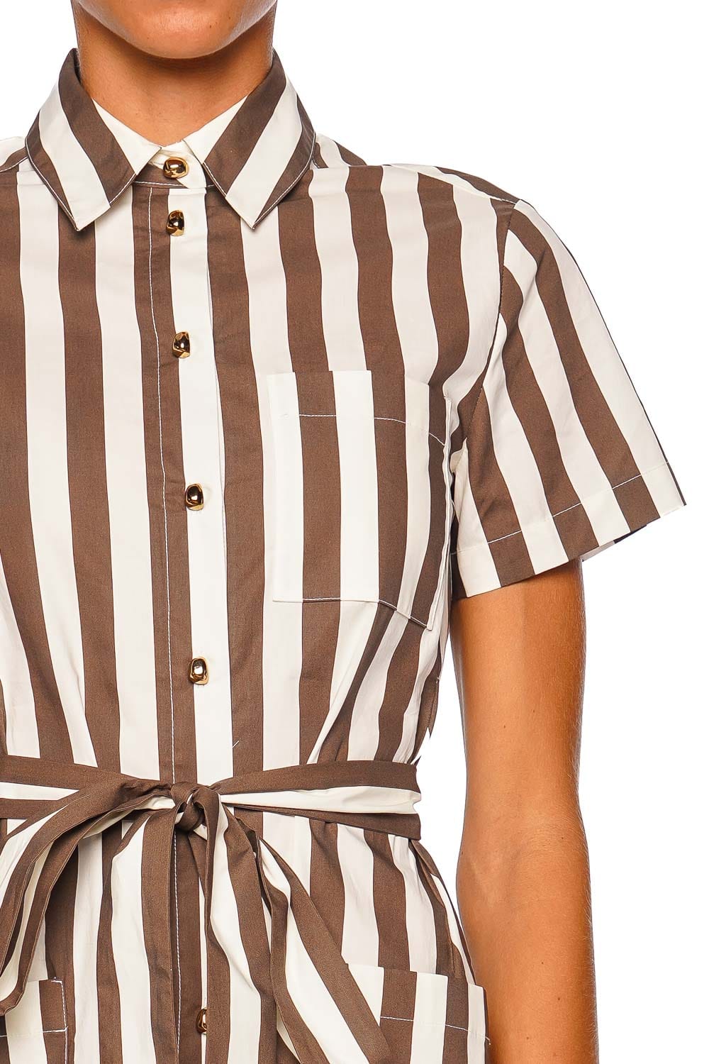 Cara Cara Lagos Brown Ivory Stripe Short Sleeve Mini Shirt Dress