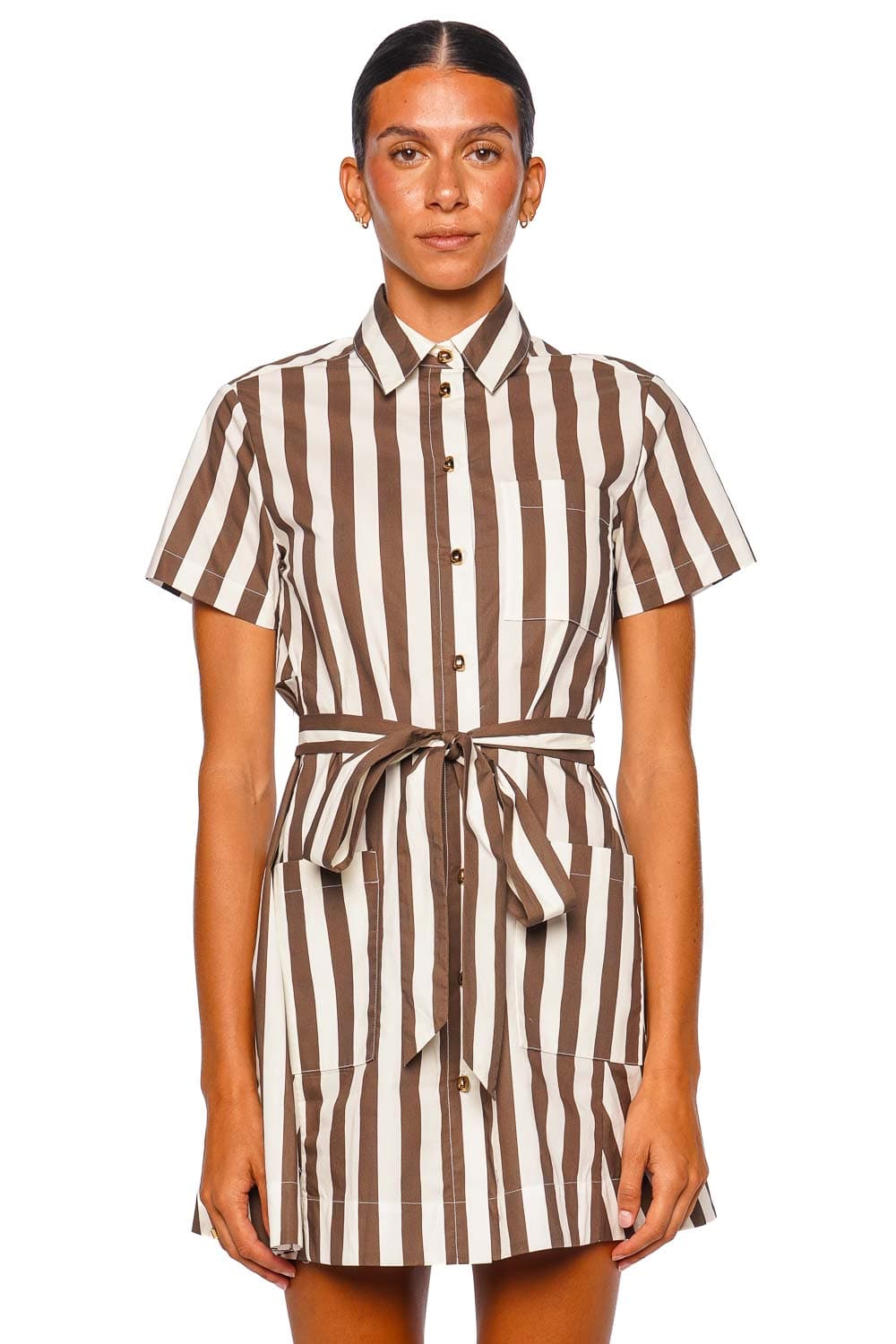 Cara Cara Lagos Brown Ivory Stripe Short Sleeve Mini Shirt Dress