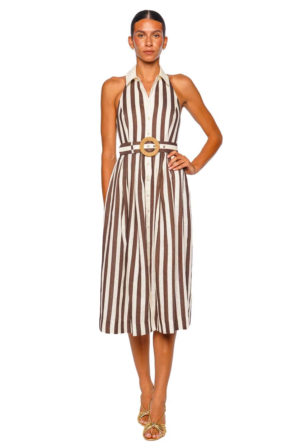Cara Cara Quentin Brown Ivory Stripe Sleeveless Halter Midi Dress