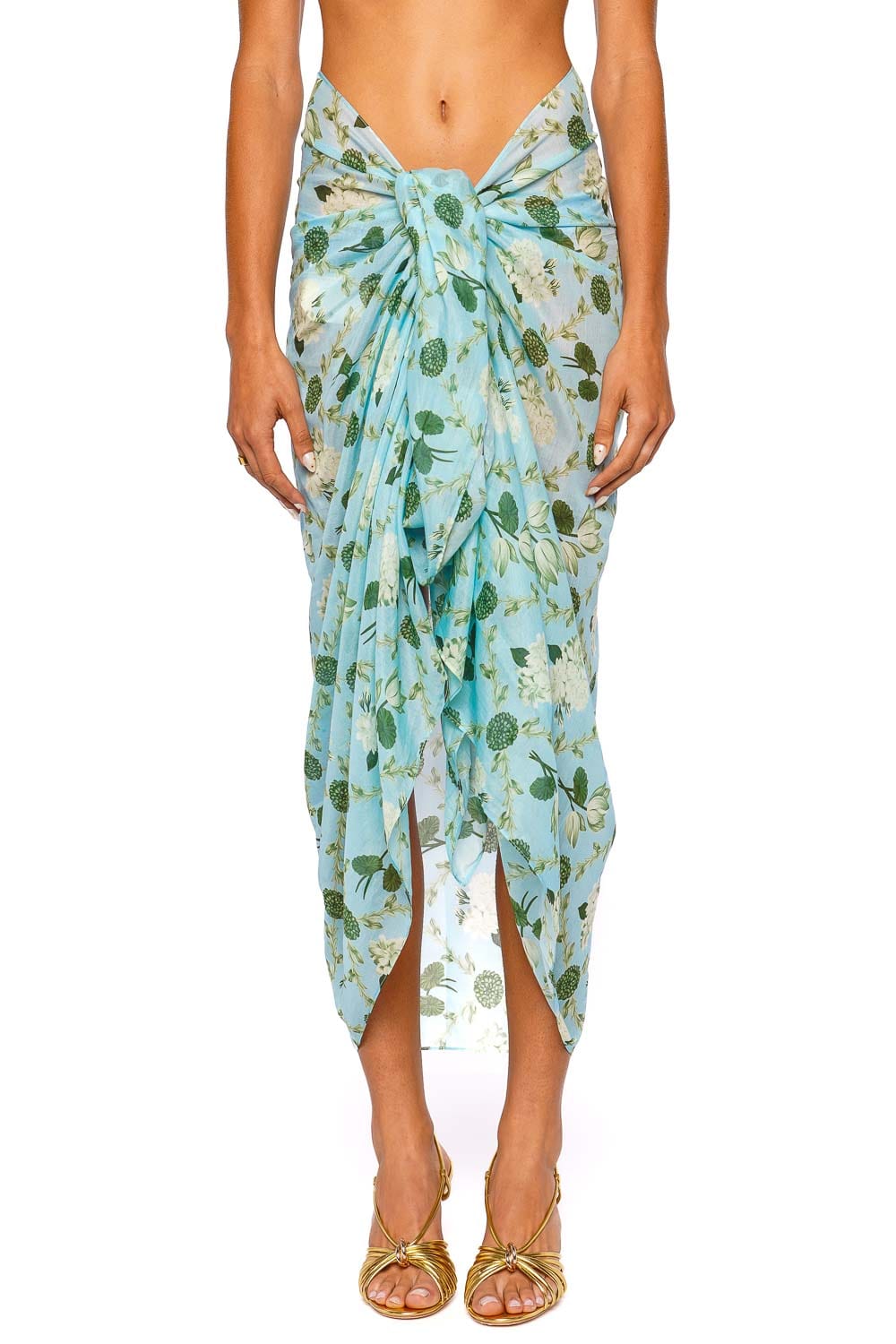 Verandah Silk Cotton Pareo Ice Blue Emerald Floral Sarong Skirt