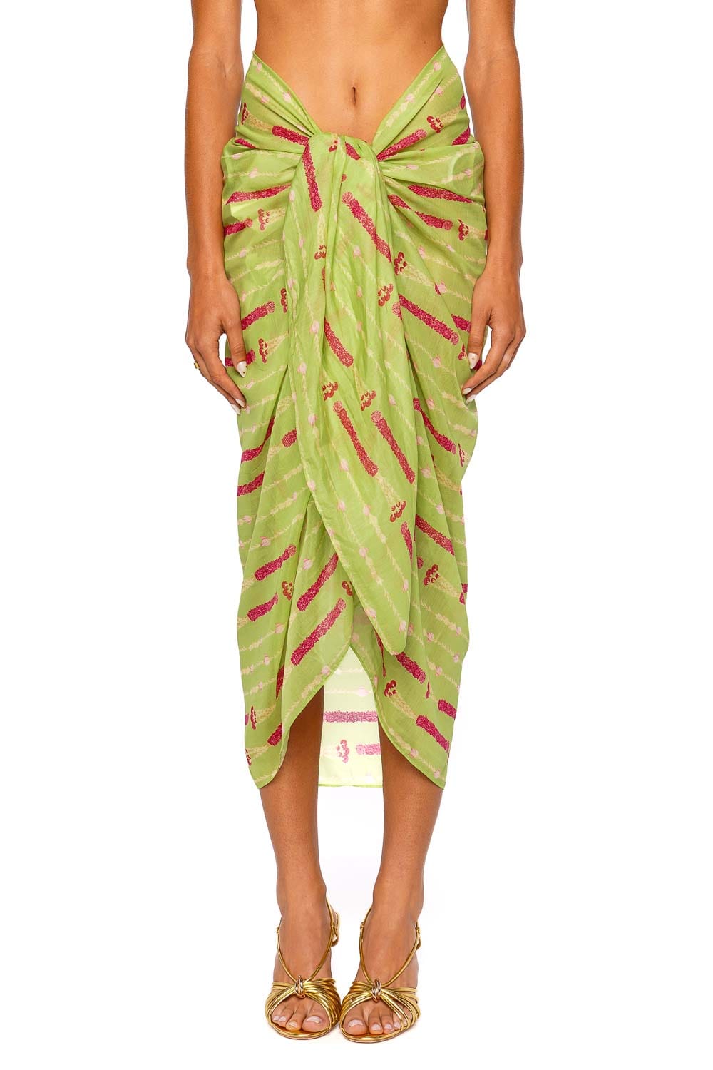 Verandah Silk Cotton Pareo Sage Floral Stripe Wrap Midi Skirt