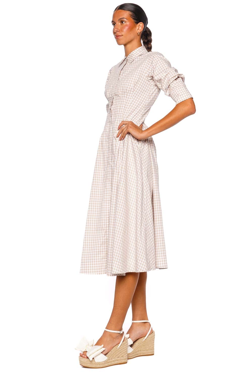 Jazz Sand Gingham Pintuck Midi Dress