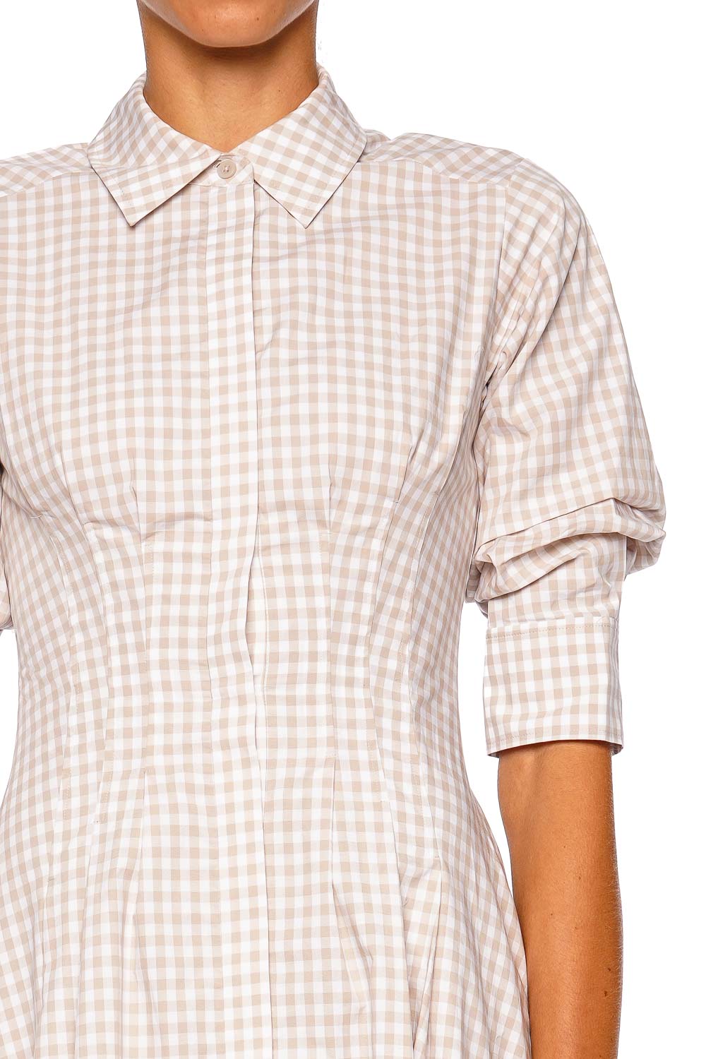 gingham midi shirt dress Simkhai Jazz Sand Gingham Pintuck Midi Dress