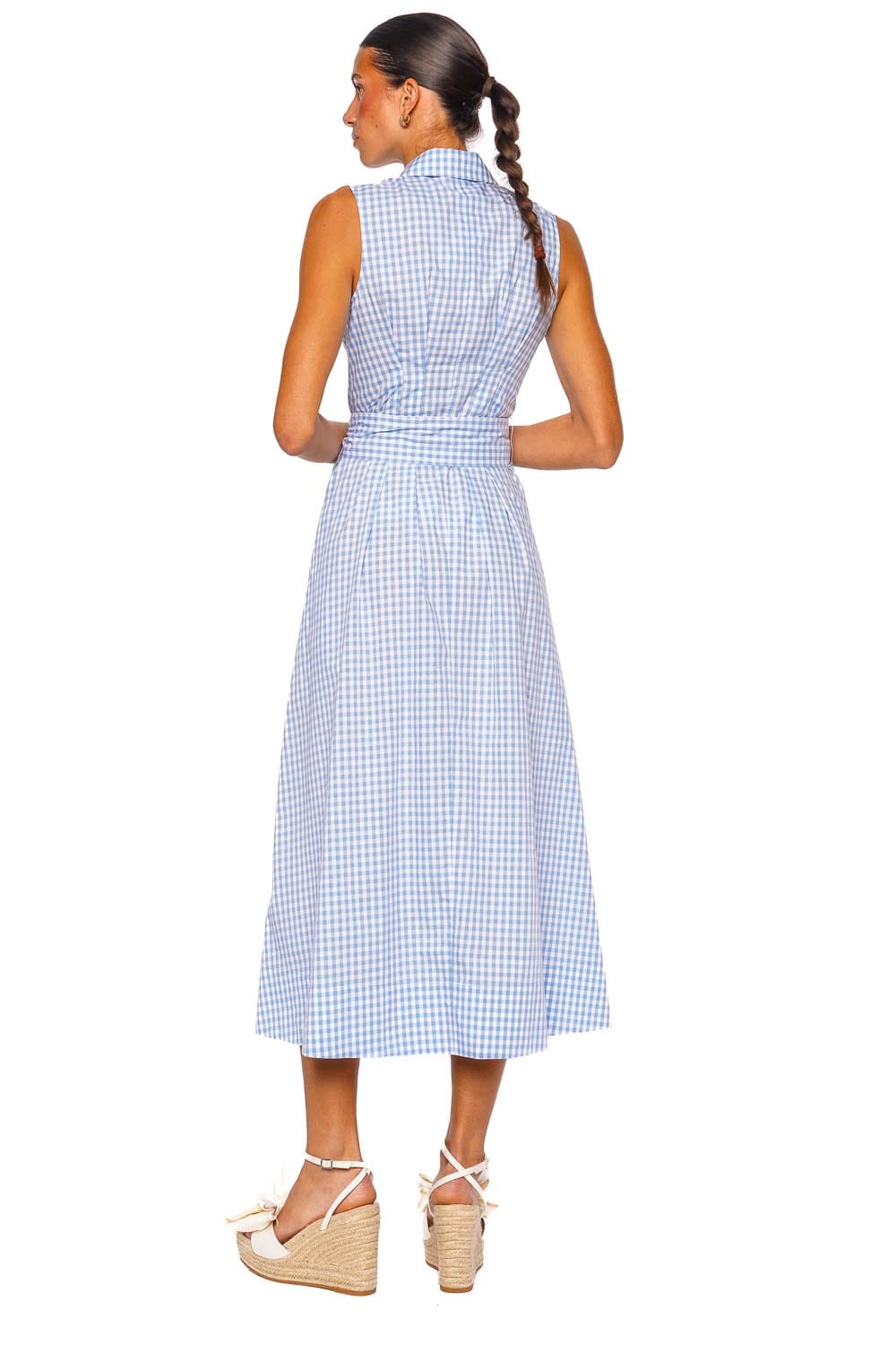SIMKHAI Genny Cloud Gingham Sleeveless Belted Midi Dress