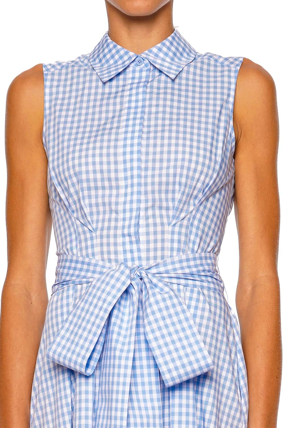 SIMKHAI Genny Cloud Gingham Sleeveless Belted Midi Dress