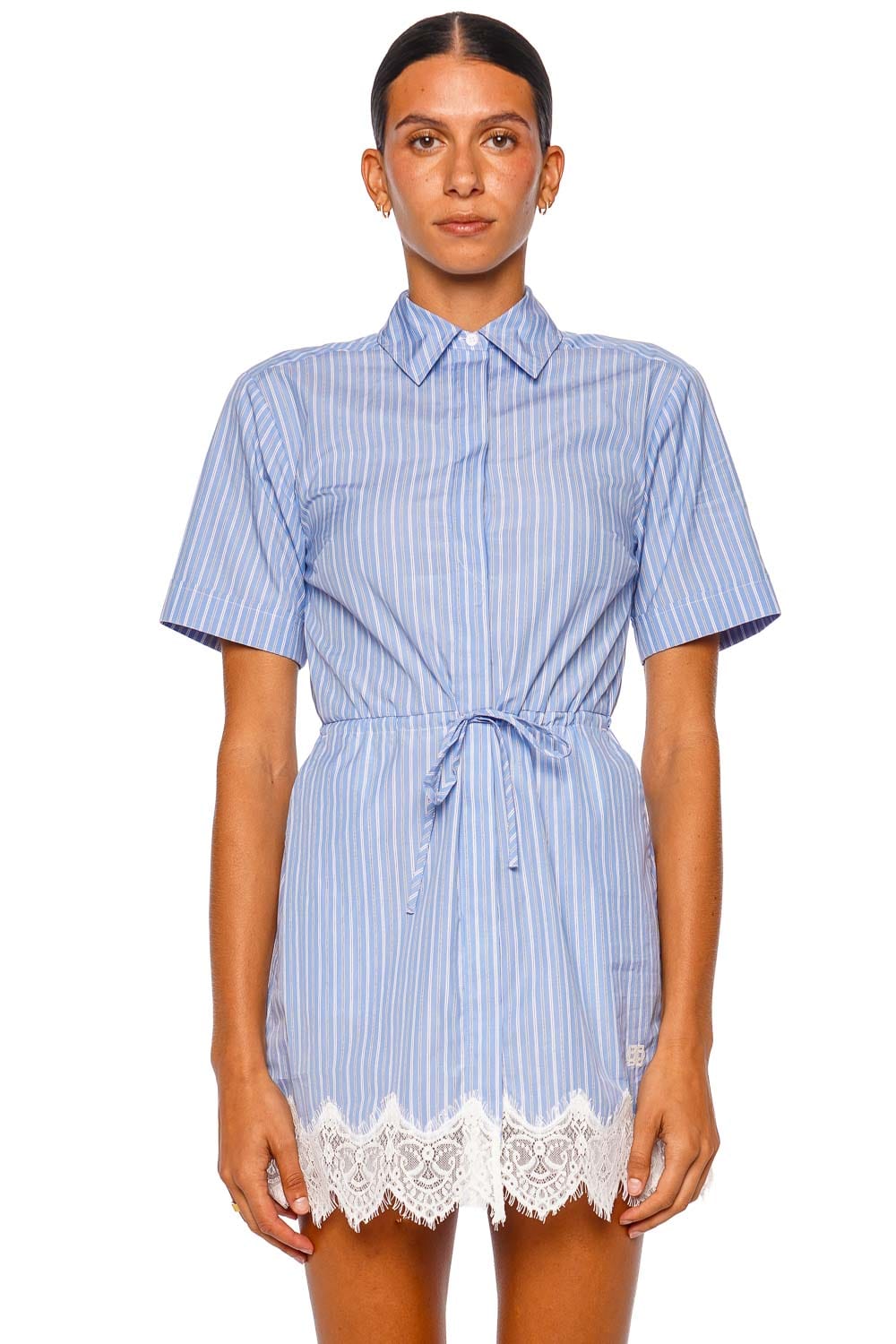 SIMKHAI Calder Oxford Blue Stripe Short Sleeve Mini Dress