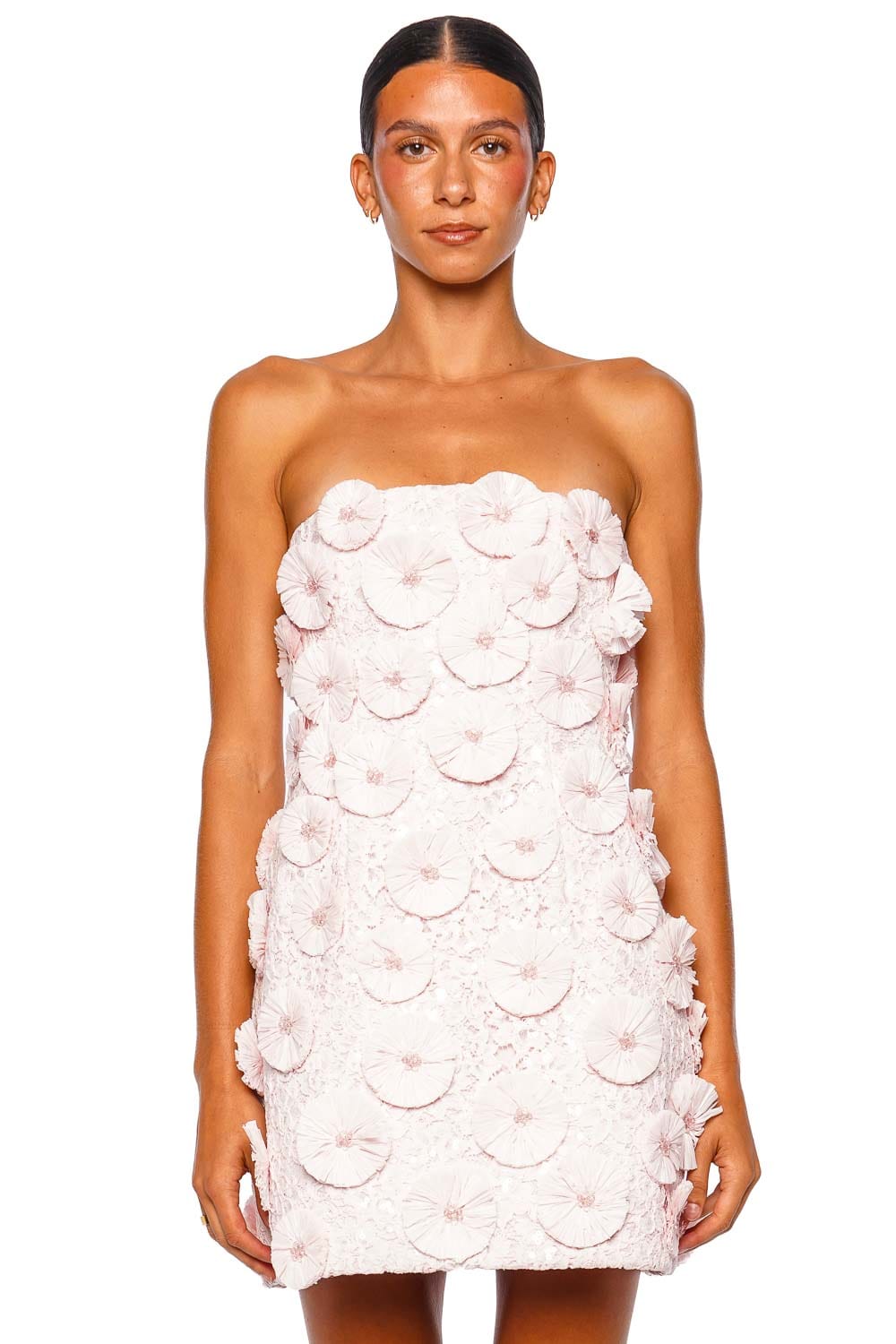 SIMKHAI Holland Floral Raffia Bustier Cotton Candy Strapless Mini Dress