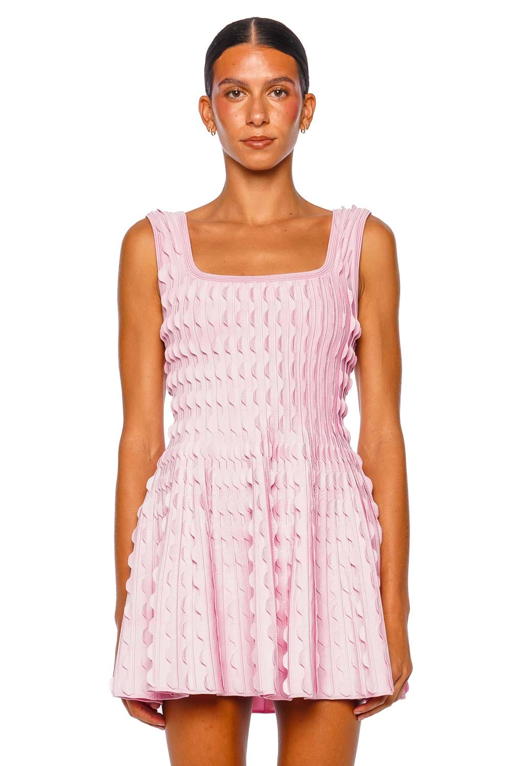 SIMKHAI Vanna Scalloped Knit Pink Sleeveless Mini Dress