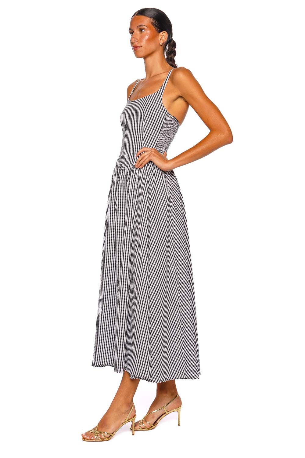 Chiara Black Gingham Gathered Midi Dress