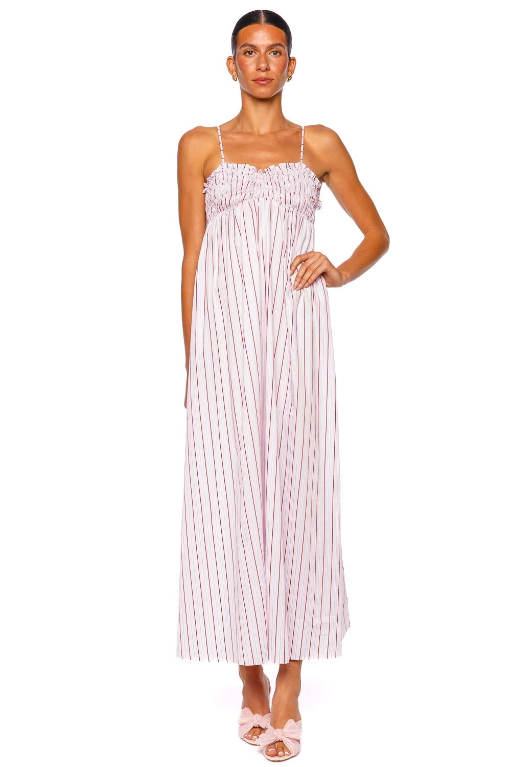 Faithfull The Brand Presa Fiori Stripe Palazzo Maxi Dress with Spaghetti Straps White and Red
