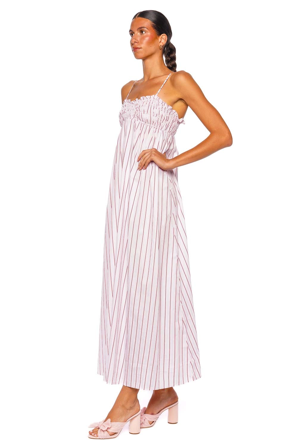 Faithfull The Brand Presa Fiori Stripe Palazzo Maxi Dress with Spaghetti Straps White and Red