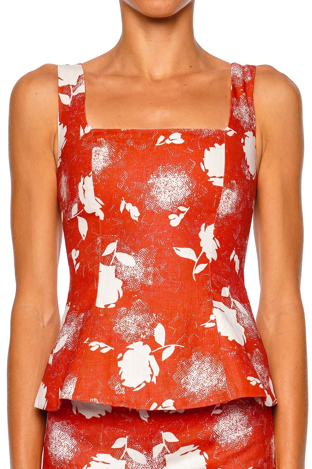 Faithfull The Brand Mina Sunrose Rosso Peplum Top with Wide Straps Red Floral