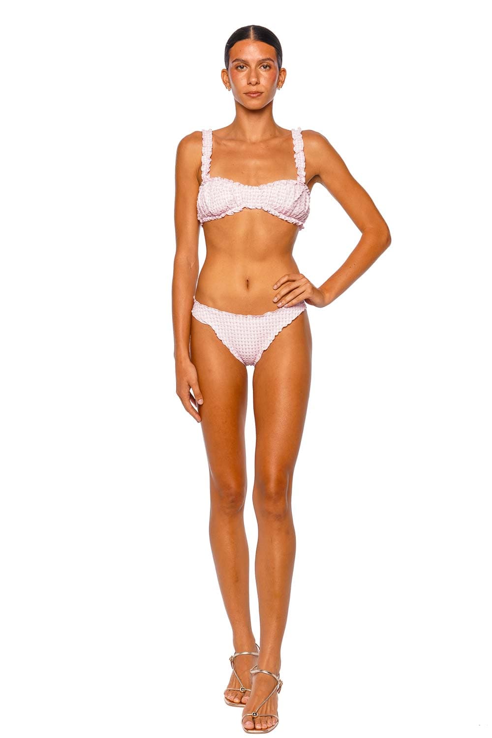 SIMKHAI Evander Ruched Pink Strappy Bikini Top