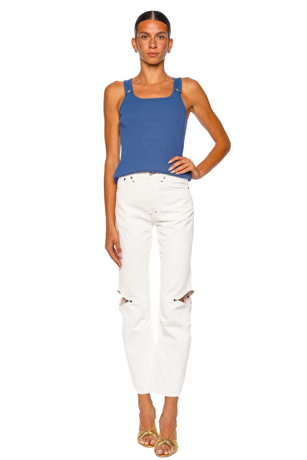 Still Here Snap Tank Blue Sleeveless Ribbed Top
