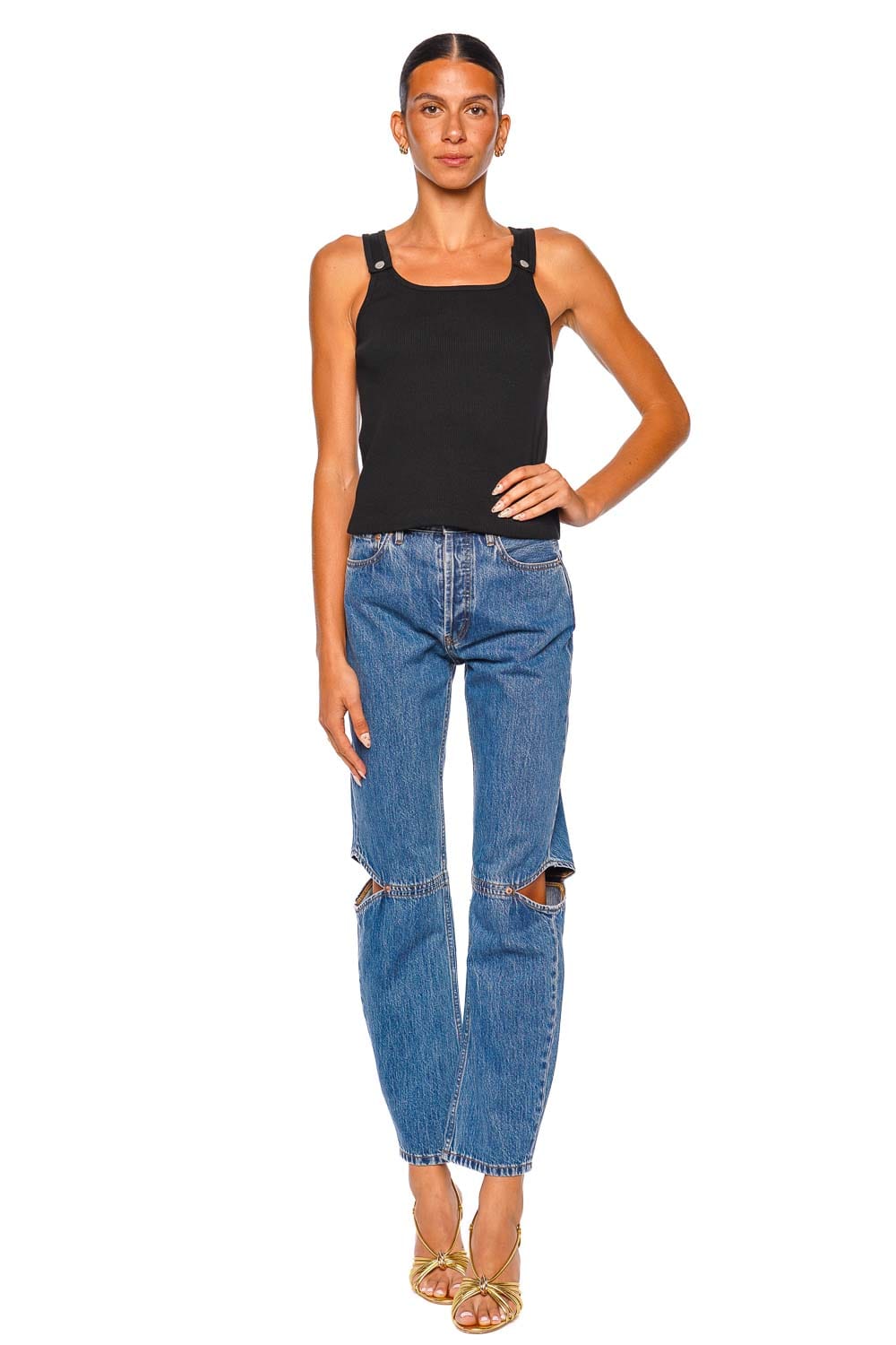 Still Here Snap Tank Black Sleeveless Ribbed Top