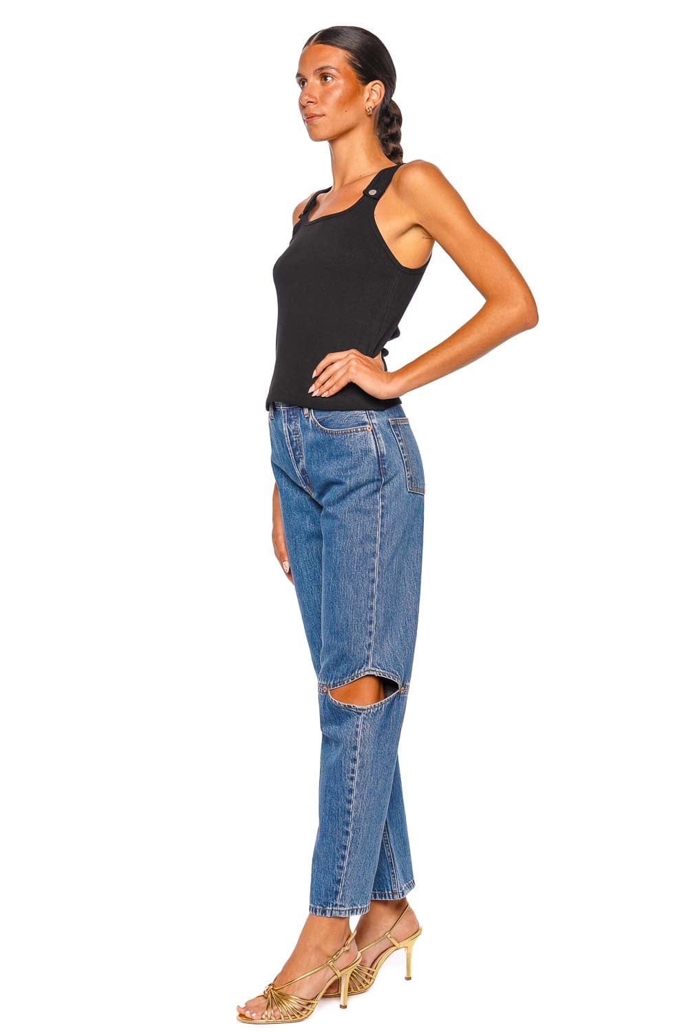 Still Here Snap Tank Black Sleeveless Ribbed Top