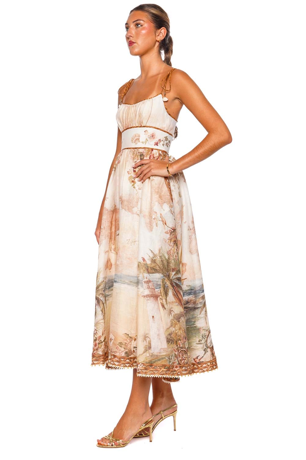 ZIMMERMANN Mahon Island Tie Shoulder Picnic Midi Dress