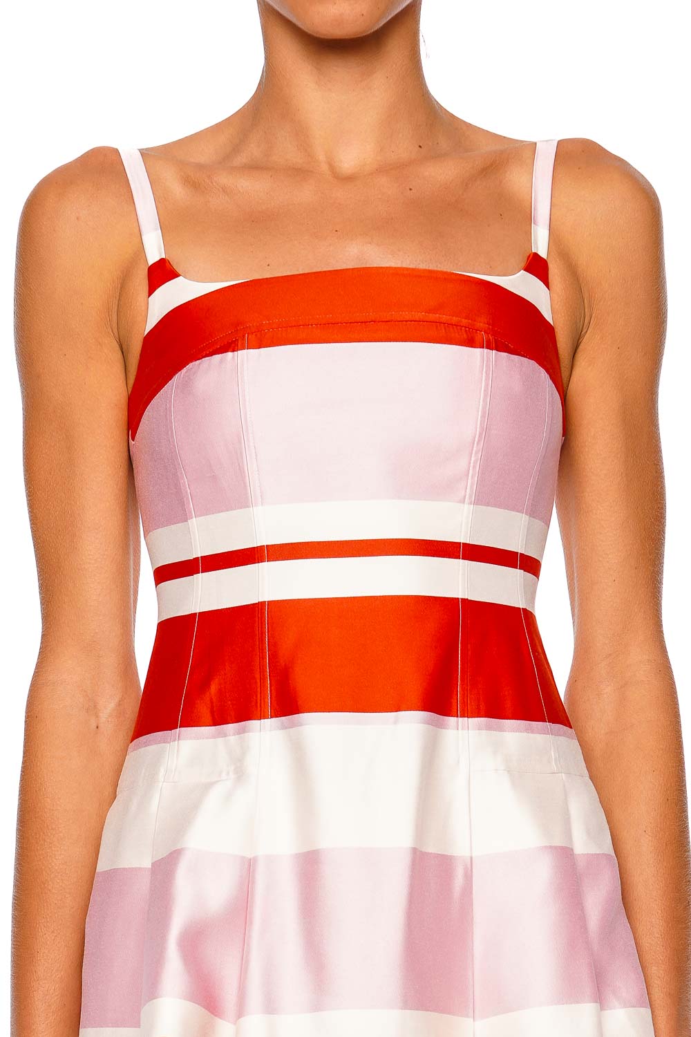SIMKHAI Nelly Bustier Tulip Stripe Mini Dress with Fixed Straps Red and Pink