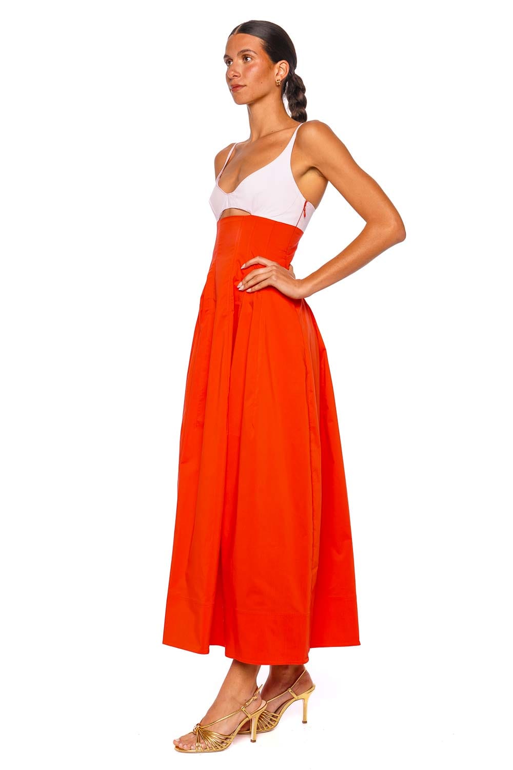 SIMKHAI Maddy Cotton Lobster Multi Colorblock Midi Dress with Spaghetti Straps