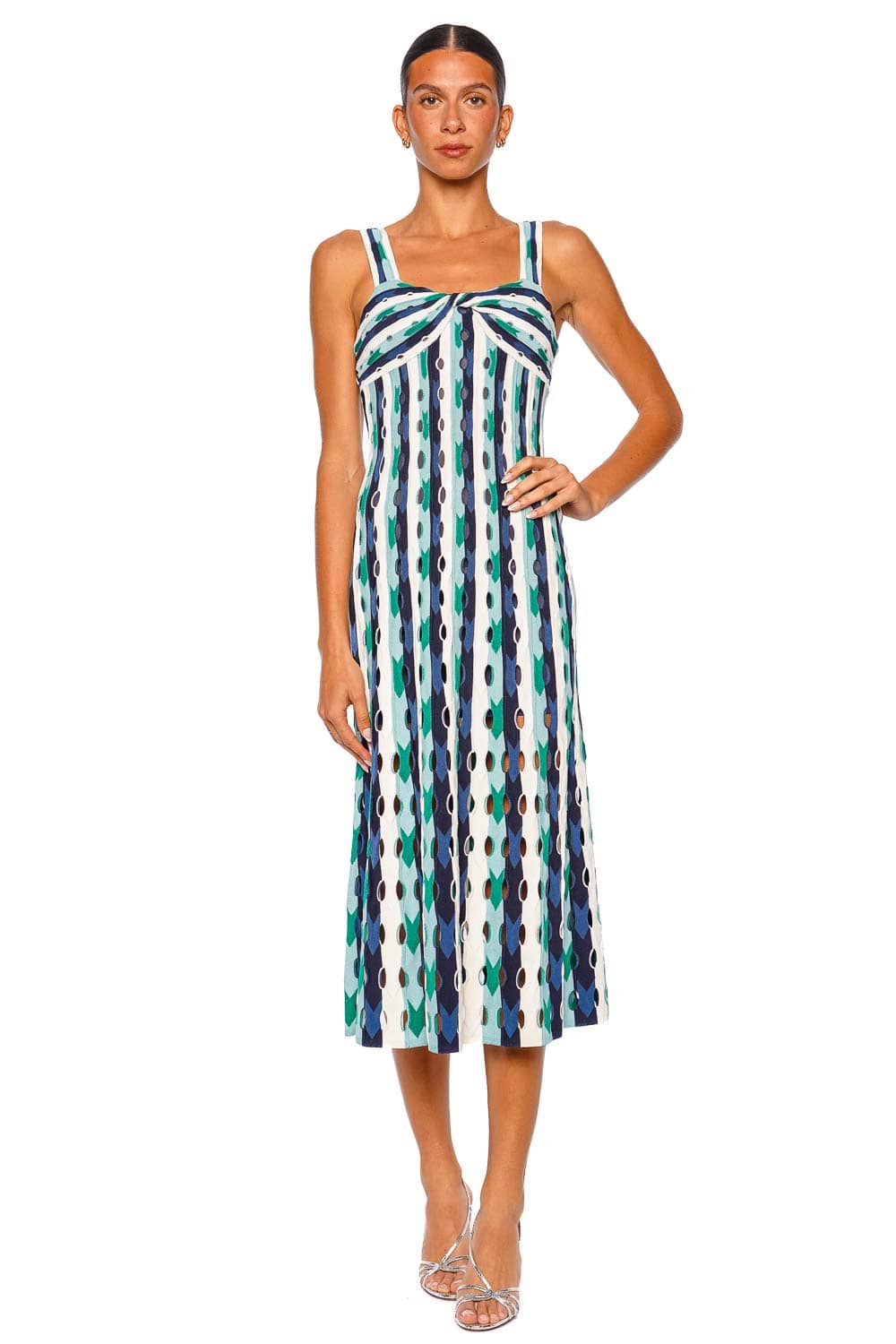 SIMKHAI Christina Knit Kelly Green Multi Striped Midi Dress with Wide Straps