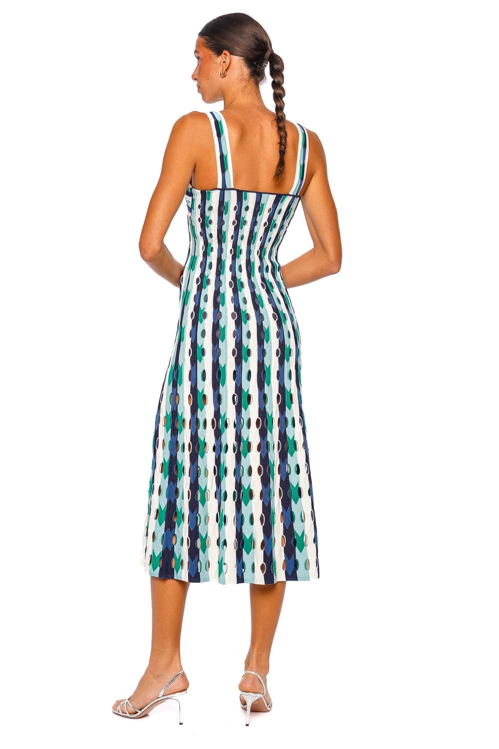 SIMKHAI Christina Knit Kelly Green Multi Striped Midi Dress with Wide Straps