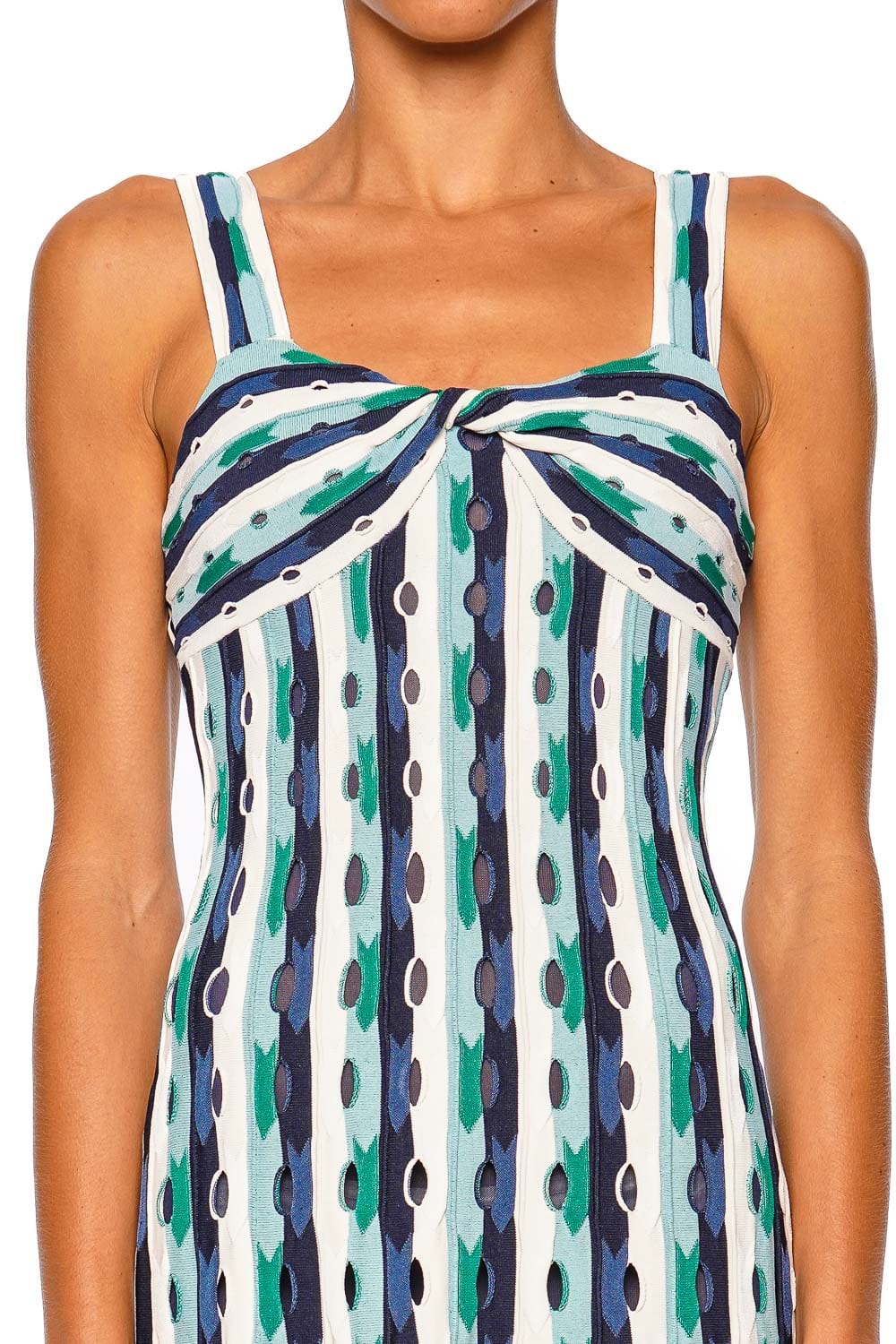 SIMKHAI Christina Knit Kelly Green Multi Striped Midi Dress with Wide Straps