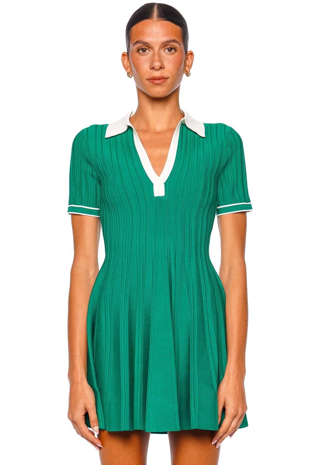 Simkhai Page Green Contrast Knit Polo Mini Dress Simkhai Page Green Contrast Knit Polo Mini Dress