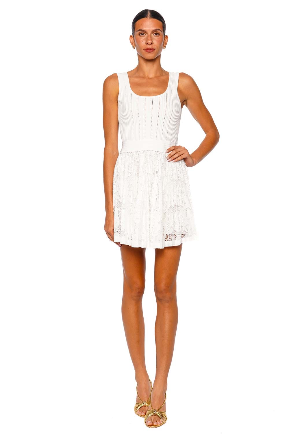 SIMKHAI Ellis Knit Lace Ivory Sleeveless Mini Dress