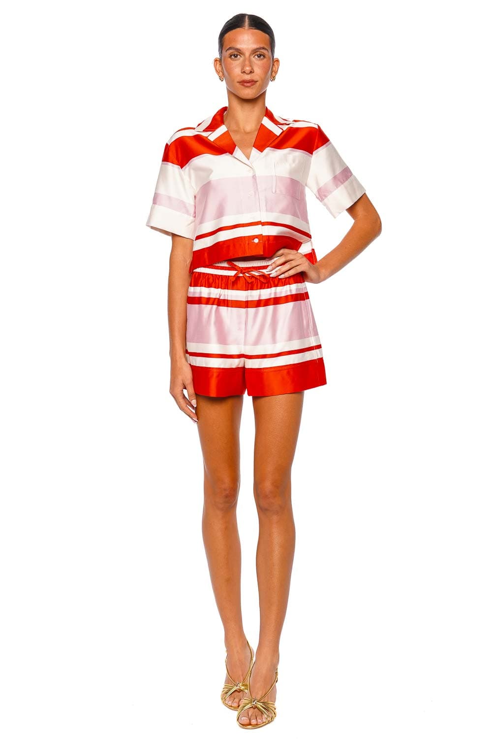 SIMKHAI Bailee Tulip Stripe Short Sleeve Camp Shirt Red and Pink