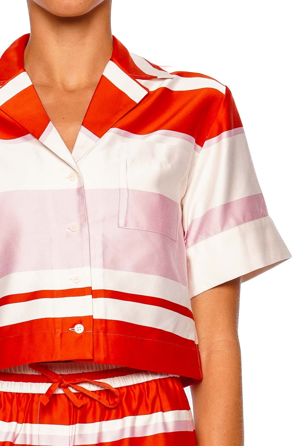 SIMKHAI Bailee Tulip Stripe Short Sleeve Camp Shirt Red and Pink