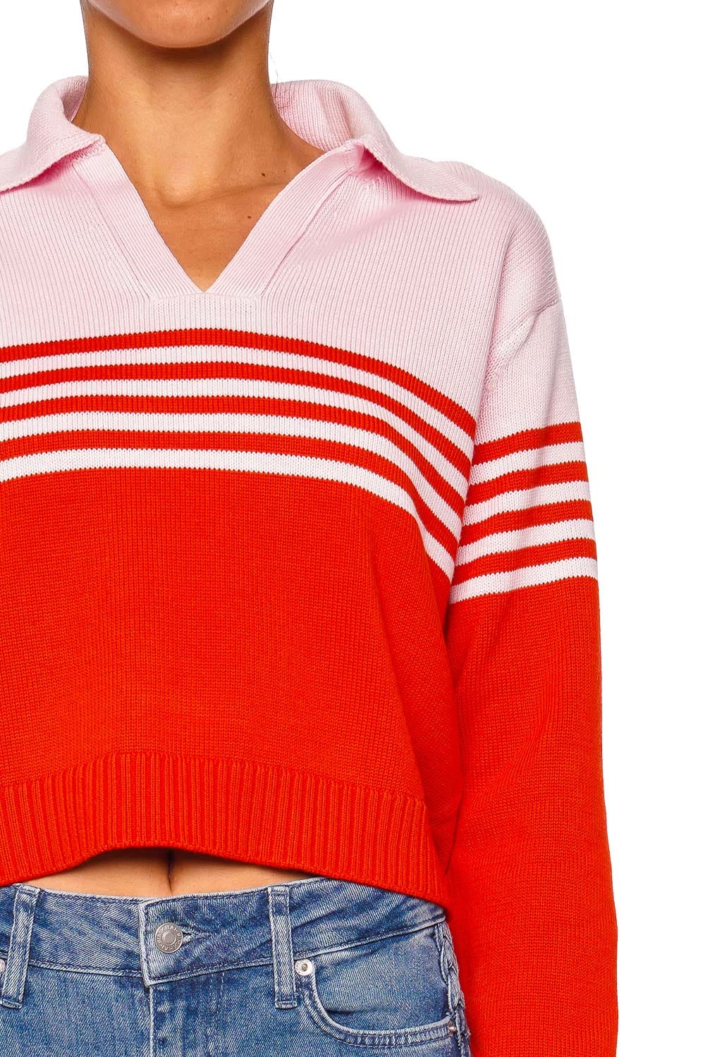 SIMKHAI Jules Lobster Stripe Knit Long Sleeve Polo Top