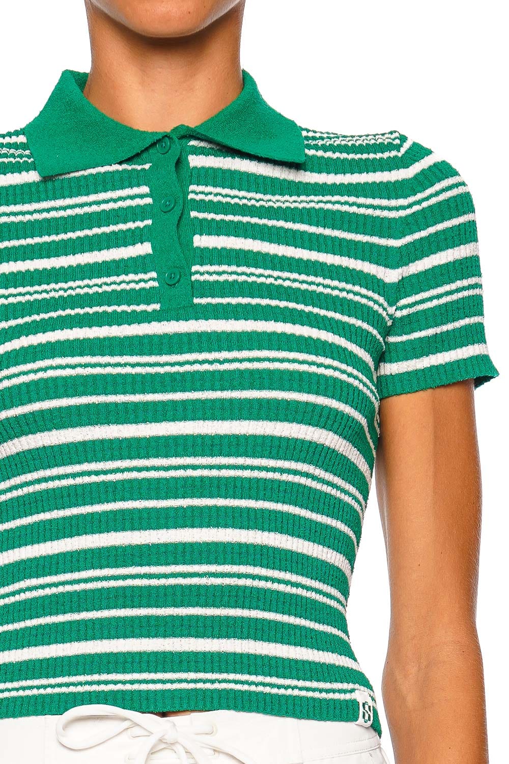 SIMKHAI Averie Kelly Green Stripe Knit Polo Top Short Sleeve