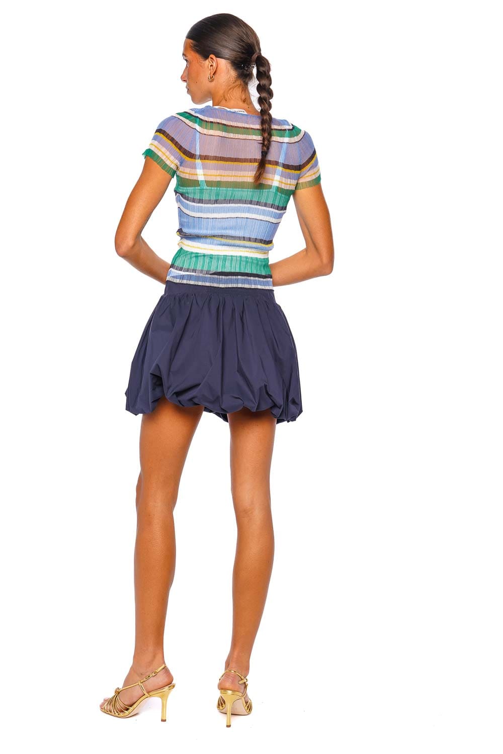 SIMKHAI Knox Plisse Periwinkle Stripe Short Sleeve Top