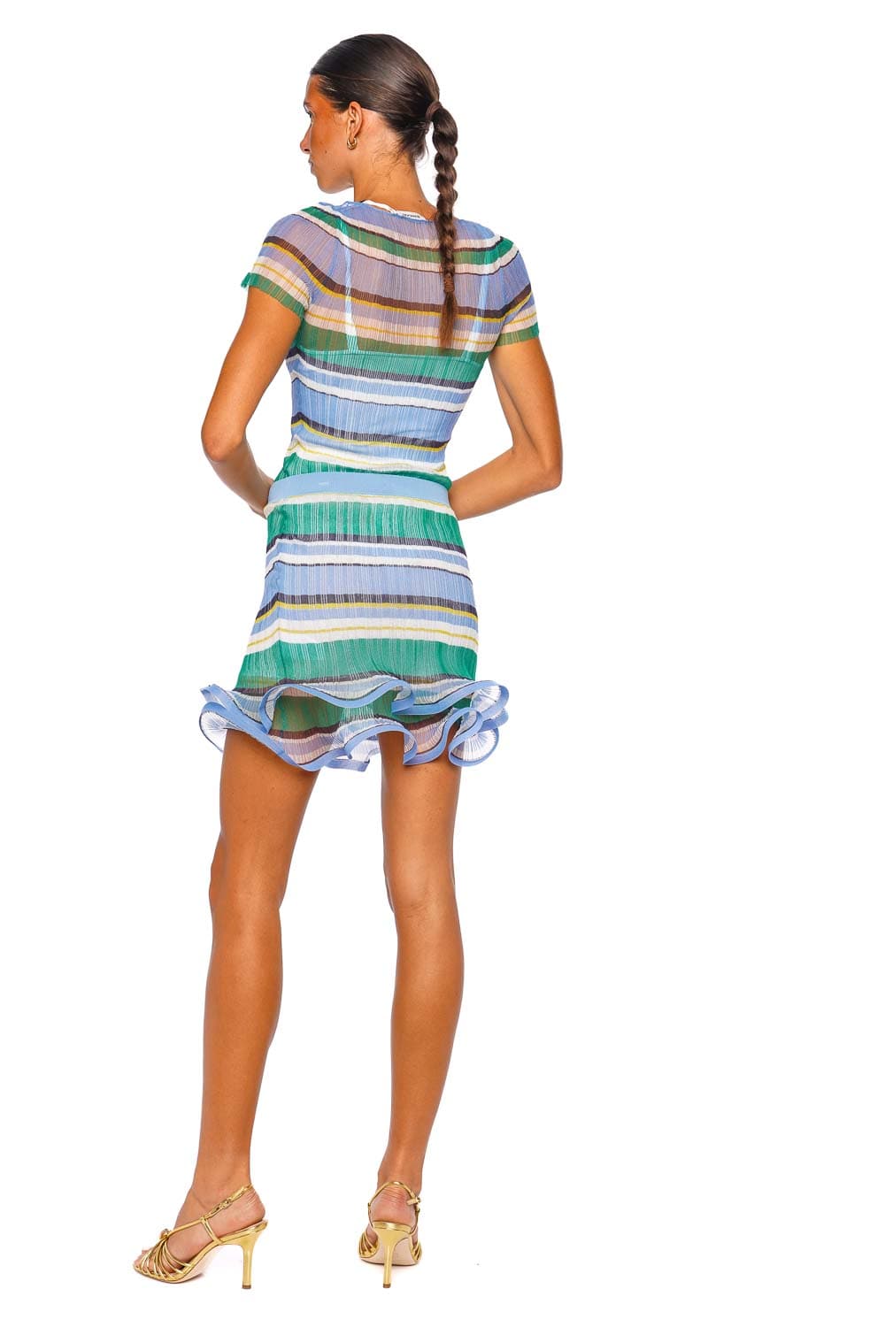 SIMKHAI Kimmie Plisse Periwinkle Stripe Ruffle Hem Mini Skirt