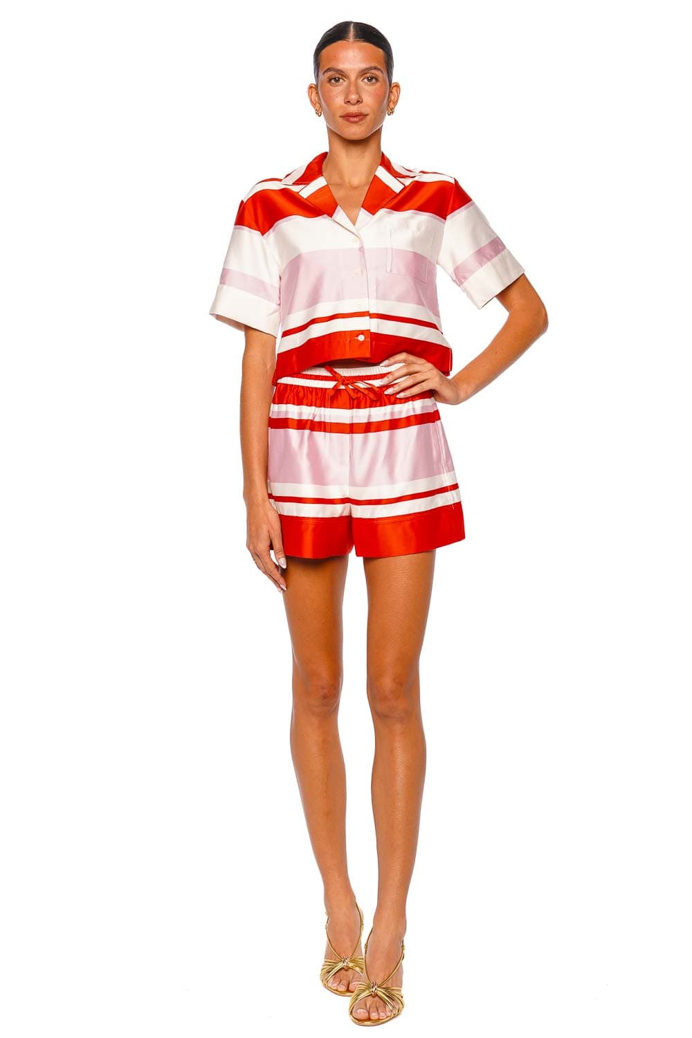 SIMKHAI Karleigh Drawstring Tulip Stripe Satin Shorts