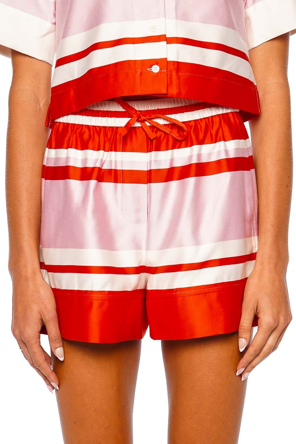 SIMKHAI Karleigh Drawstring Tulip Stripe Satin Shorts
