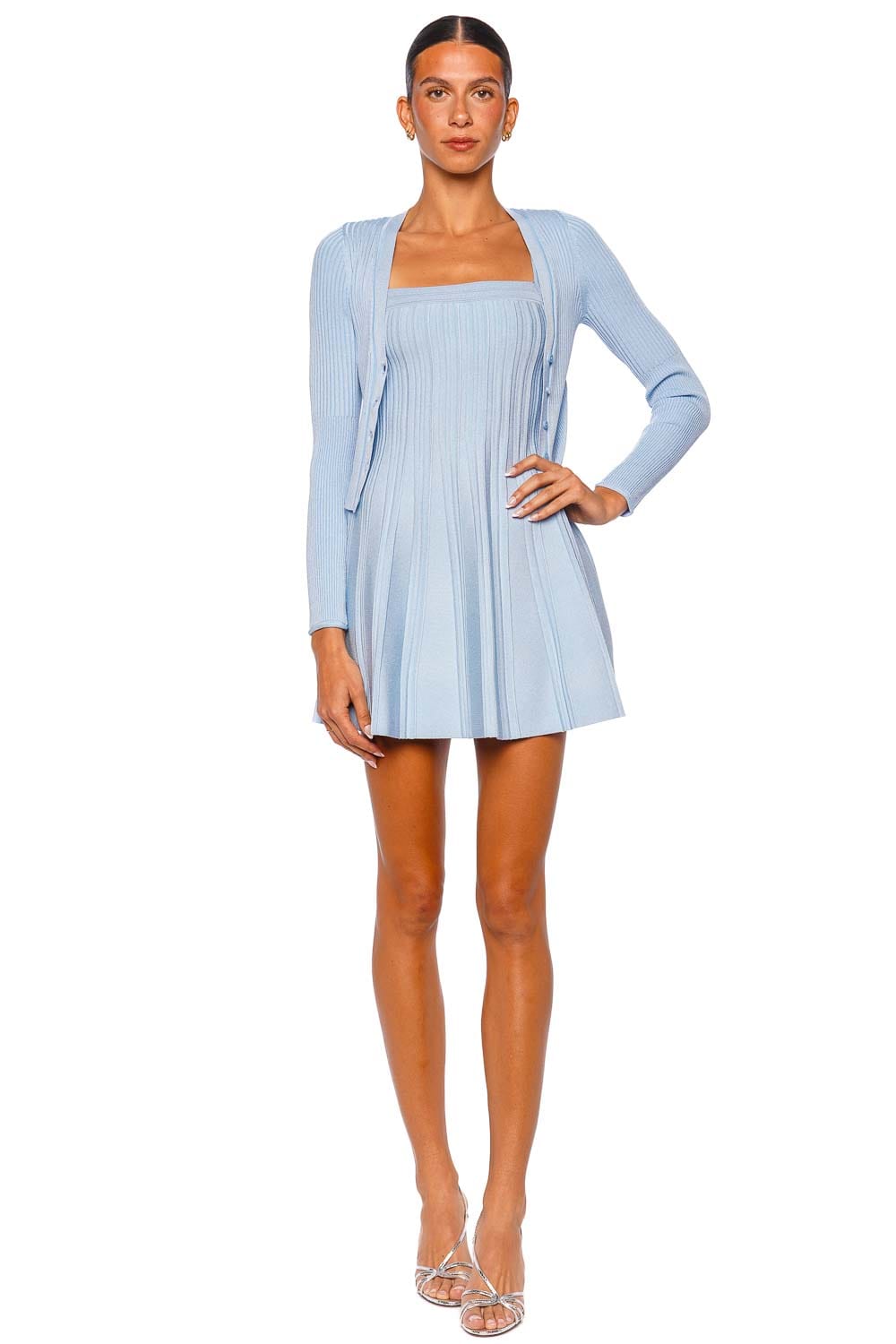 SIMKHAI Ailany Tidepool Ribbed Knit Cardigan Long Sleeve Light Blue